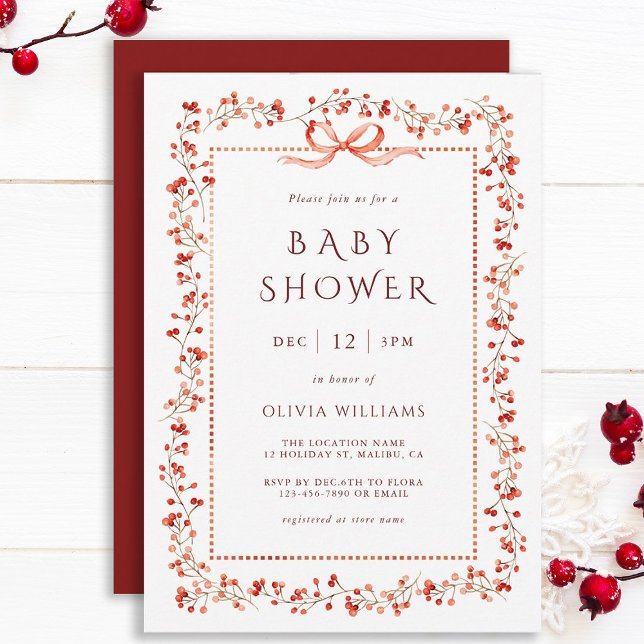 Red Winterberry Frame Girl Baby Shower Invitation (Creator Uploaded)