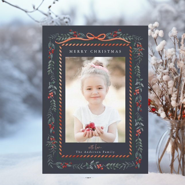 Red Winterberry Frame Navy Christmas Photo Holiday Card (Creator Uploaded)