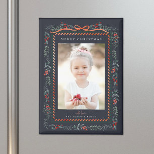 Red Winterberry Frame Navy Christmas Photo Magnet