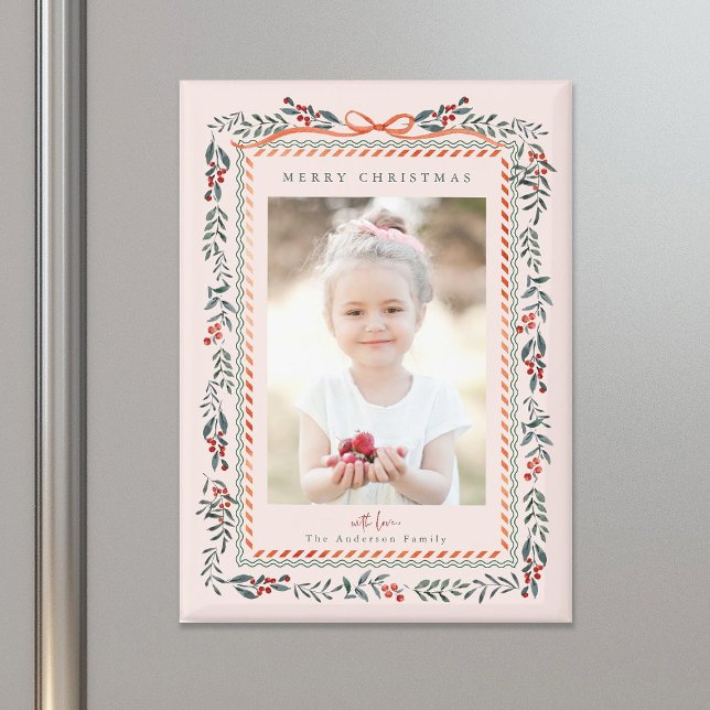 Red Winterberry Frame Pink Christmas Photo Magnet (Creator Uploaded)