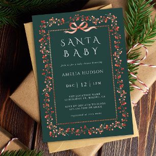 Red Winterberry Frame Santa Baby Shower Green Invitation