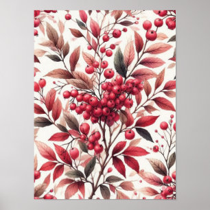 Red Winterberry Fruit Pattern Watercolor Poster
