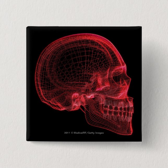 Red wireframe of a skull 15 cm square badge (Front)
