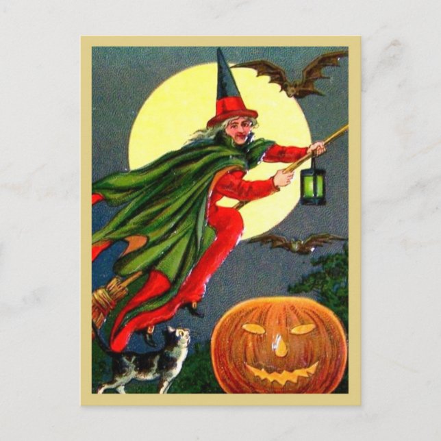 Red Witch Flying on Broomstick - Vintage Halloween Postcard (Front)