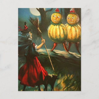 Red Witch & Pumpkin People - Vintage Halloween Postcard