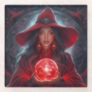 Red Witch With Crystal Ball And Amazing Background Glass Coaster