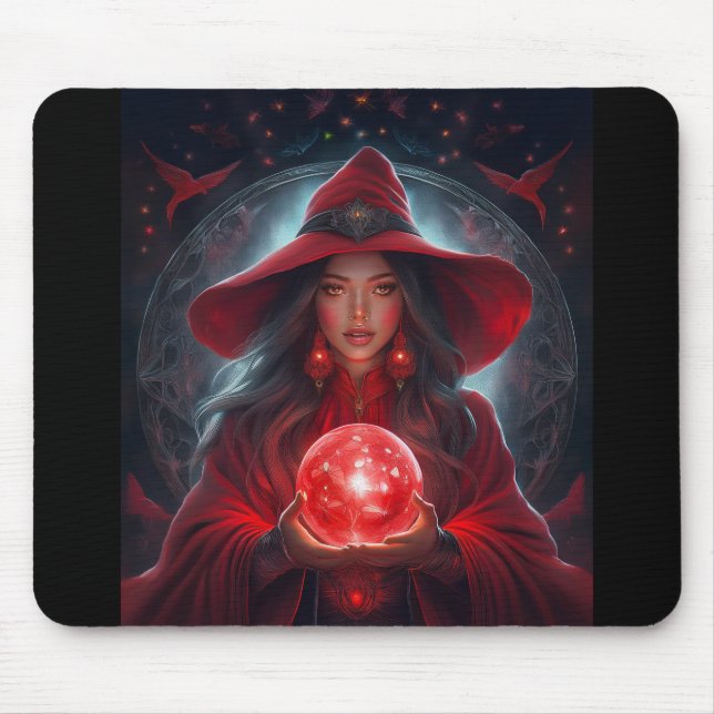 Red Witch With Crystal Ball And Amazing Background Mouse Mat (Front)