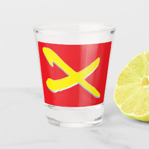 Red with a bright yellow cross pattern shot glass