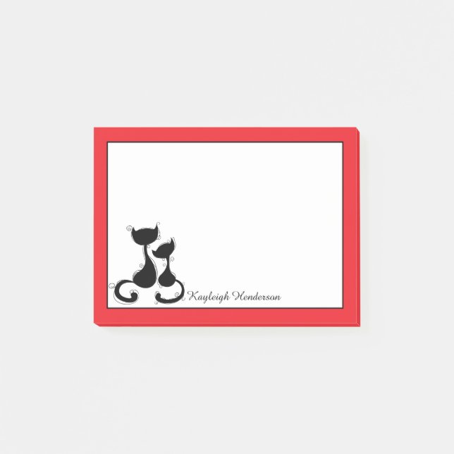 Red with Black Cats Silhouette Personalised Post-it Notes (Front)
