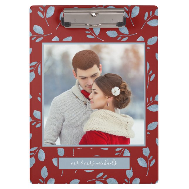 Red with Blue Leaves Photo and Name Clipboard (Front)