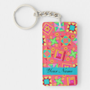 Red with Colourful Quilt Blocks & Personalised Key Ring