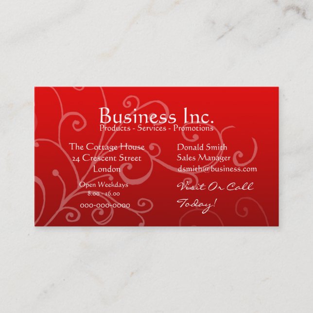 Red with Decorative Swirl Business Card (Front)