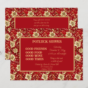 Red with Gold Poinsettia Christmas POT LUCK Supper Invitation