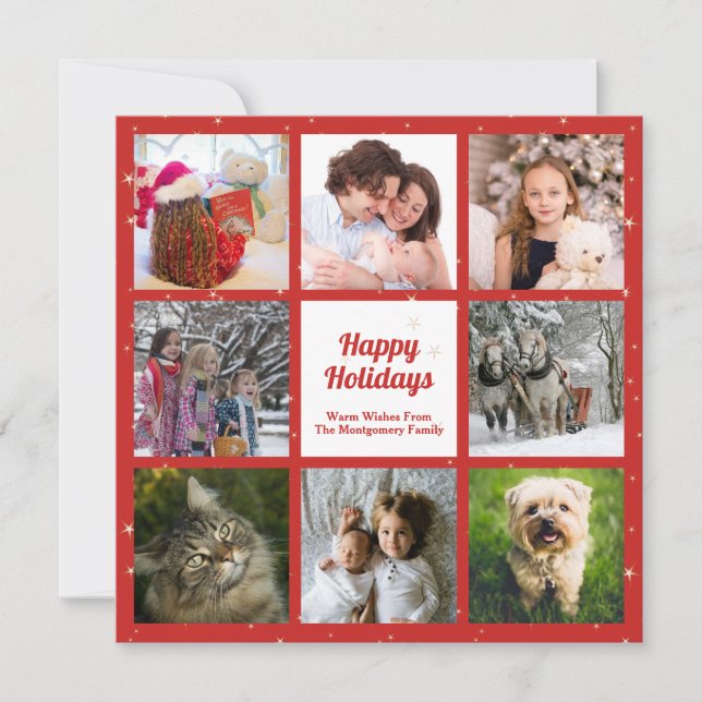Red with Gold Stars Eight Photo Collage Holiday Card (Front)