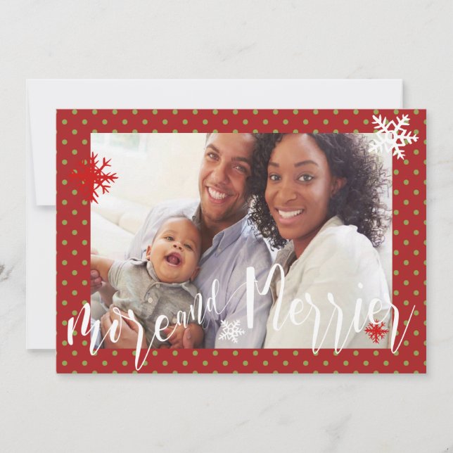 Red With Green Dots More & Merrier Photo Christmas Holiday Card (Front)