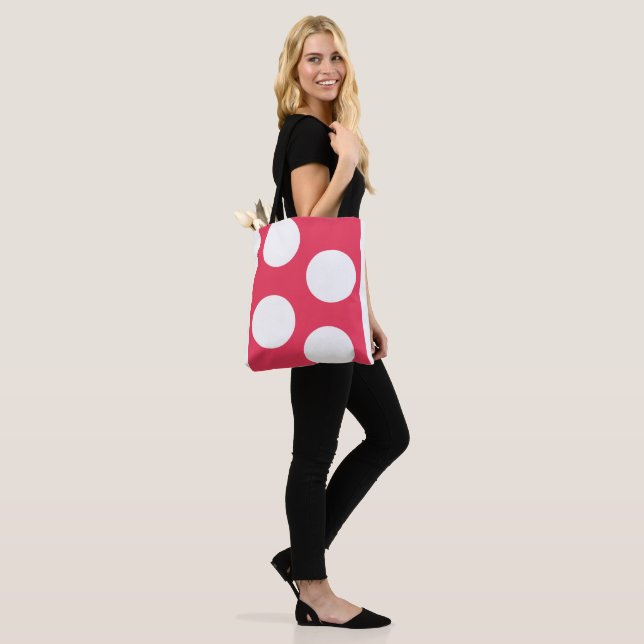 Red with Large White Circles – Bold Modern Design Tote Bag (On Model)