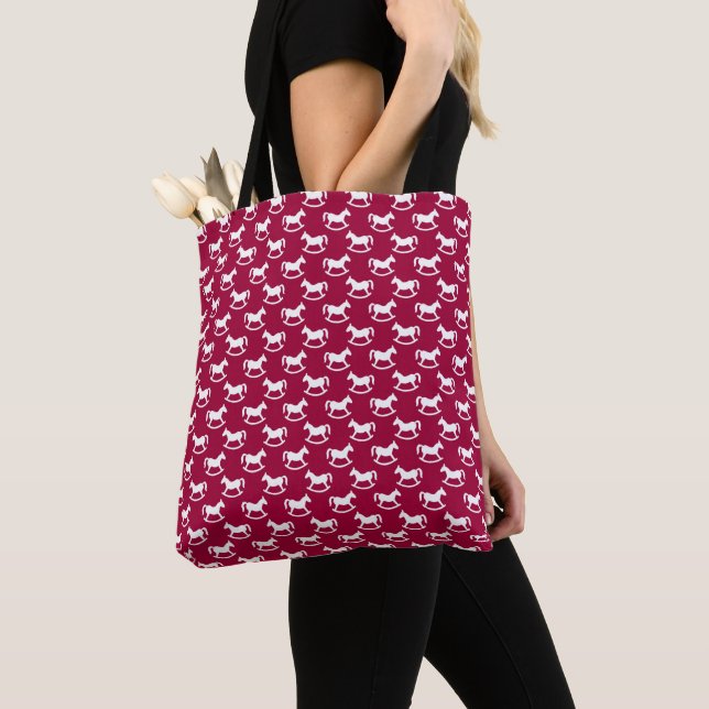 RED WITH ROWS OF TINY WHITE ROCKING HORSES TOTE BAG (Close Up)