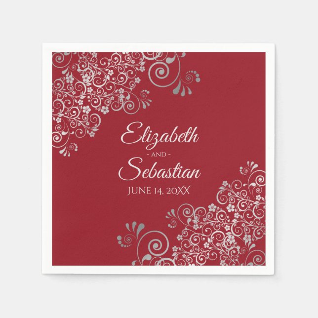 Red with Silver Frills Elegant Wedding Napkin (Front)