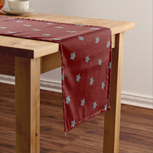Red with Silver Grey Stars Pattern Festive Elegant Short Table Runner