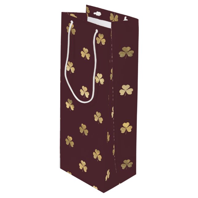 RED WITH TINY GOLD IRISH SHAMROCKS WINE GIFT BAG (Front Angled)