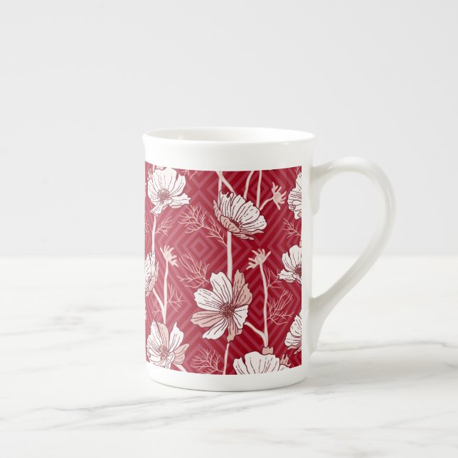 Red with White Flowers Bone China Mug (Right)