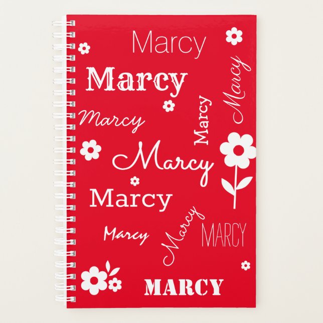 Red with White Flowers, Custom Name Planner (Front)