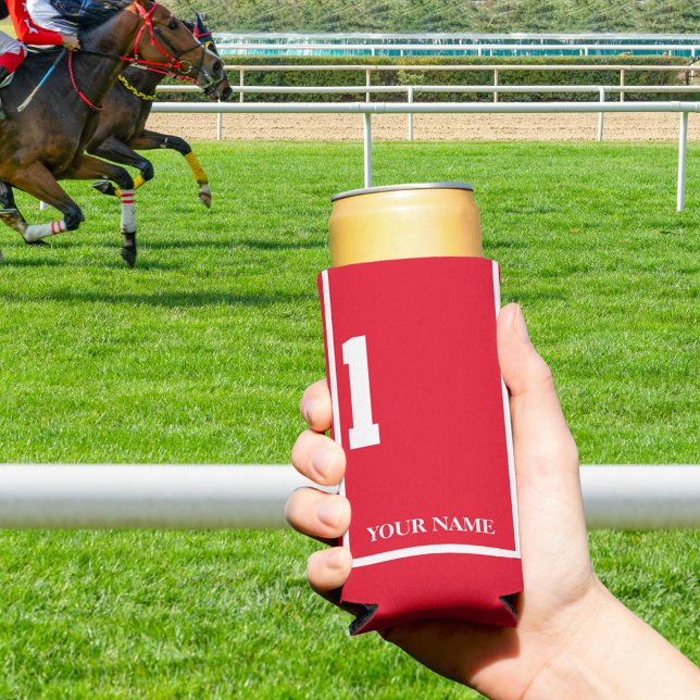 Red with White Horse 1 Saddle Cloth Custom Seltzer Can Cooler (Keep it cool at the track or in the backyard with this personalized red saddlecloth can cooler)