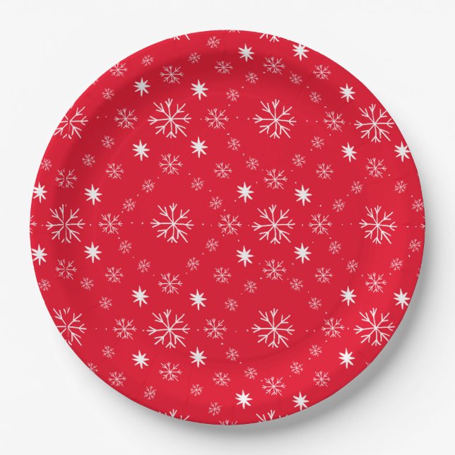 Red With White Snowflakes Paper Plate (Front)