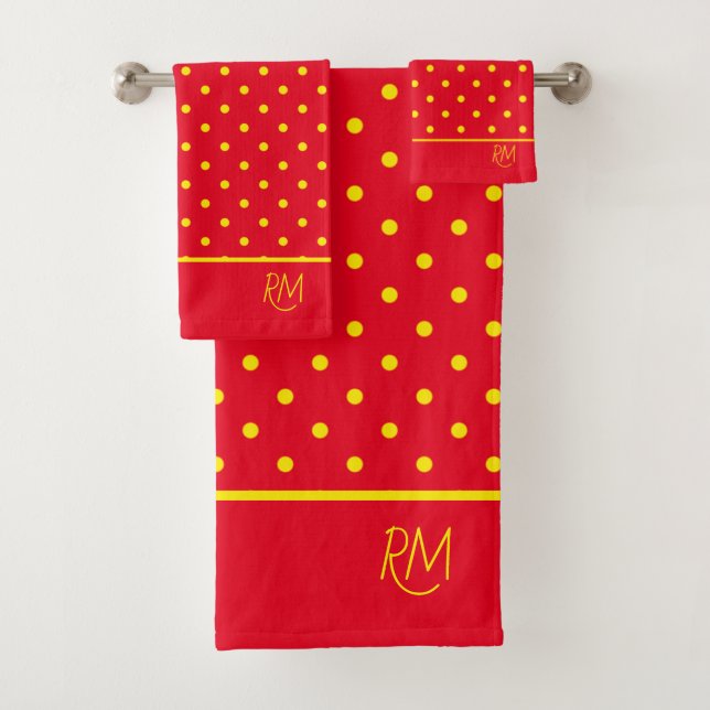 Red With Yellow Polka Dots Monogram  Bath Towel Set (Insitu)