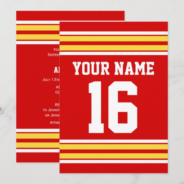 Red with Yellow White Stripes Team Jersey Invitation (Front/Back)