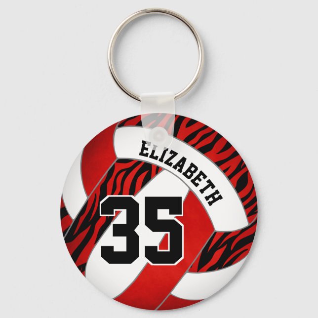 red with zebra stripes accent girls volleyball key ring (Front)