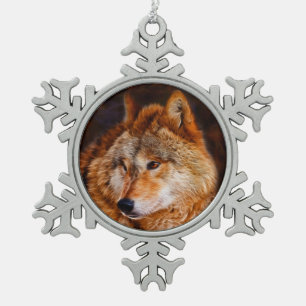 Red wolf fractal snowflake pewter christmas ornament