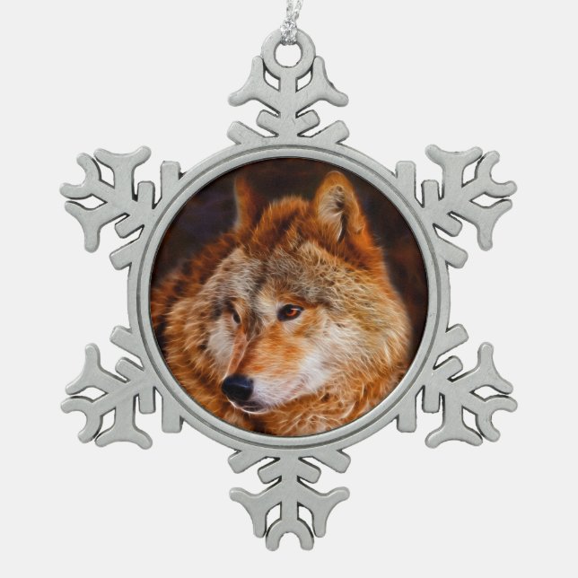 Red wolf fractal snowflake pewter christmas ornament (Front)