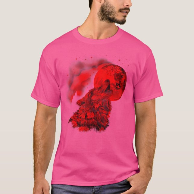 Red Wolf Moon Howling Wolf Gothic T-Shirt (Front)