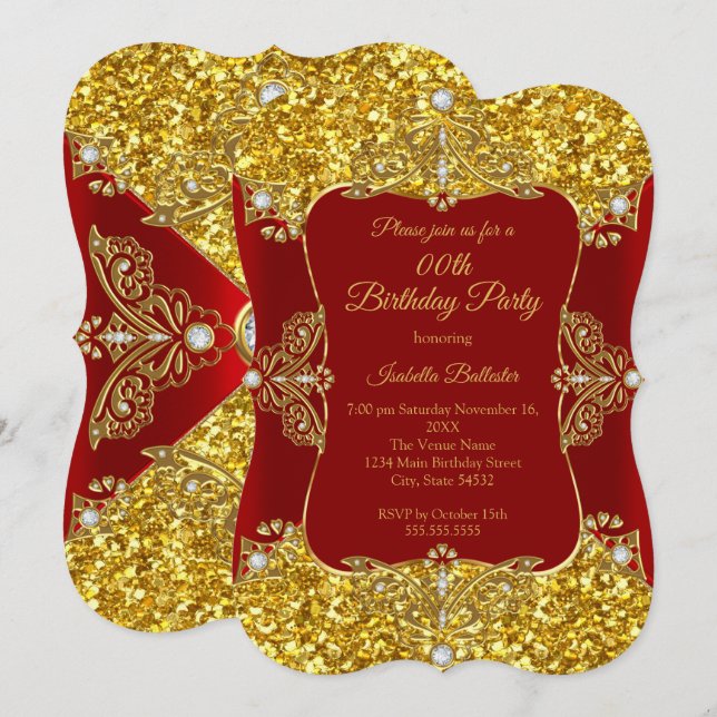 Red Women Birthday Party Gold Glitter Diamond Invitation (Front/Back)