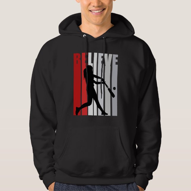 Red Womens Believe Baseball Motivational Softball  Hoodie (Front)