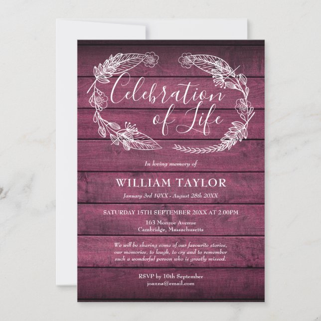 Red Wood Foliage Celebration of Life Funeral Invitation (Front)