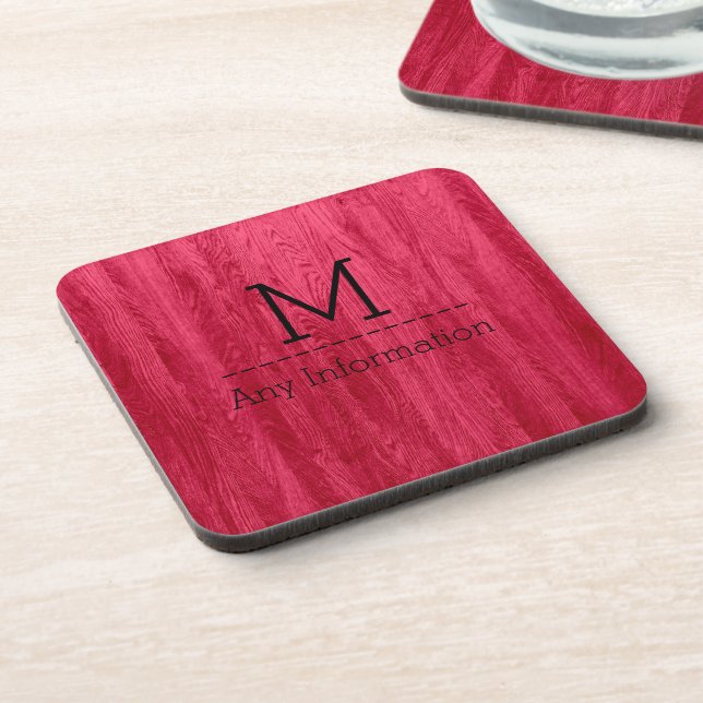 Red Wood Grain Texture Monogram Coaster (Left Side)
