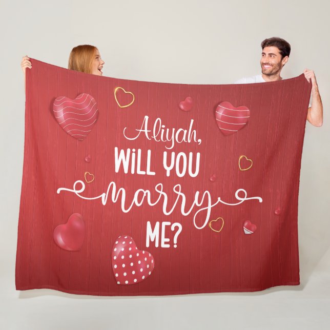 Red Wood Hearts Marriage Proposal Fleece Blanket (In Situ)