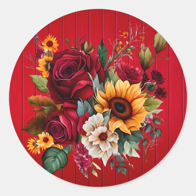 Red Wood Roses and Sunflowers Wedding Classic Round Sticker (Front)