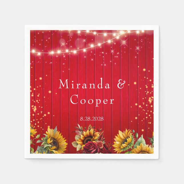 Red Wood Roses and Sunflowers Wedding Napkin (Front)