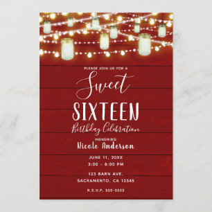 Red Wood & String Lights Country Rustic Sweet 16 Invitation