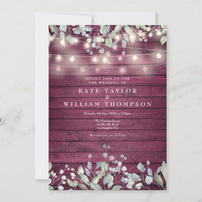 Red Wood String Lights Greenery Floral Wedding Invitation (Front)