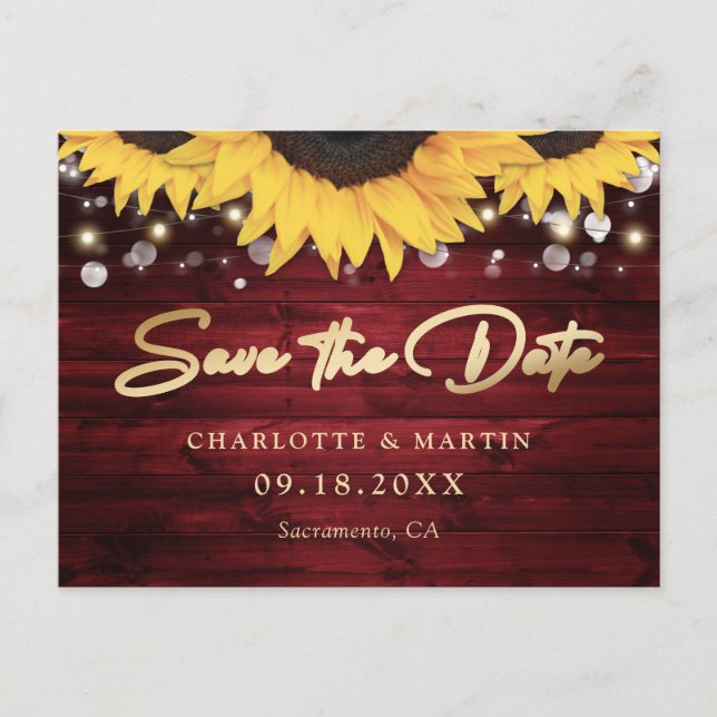 Red Wood Sunflower Wedding Save The Date Announcement Postcard (Front)
