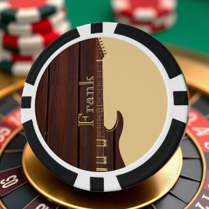 Red Wood & Tan Brown Color Block Name Guitar Poker Chips