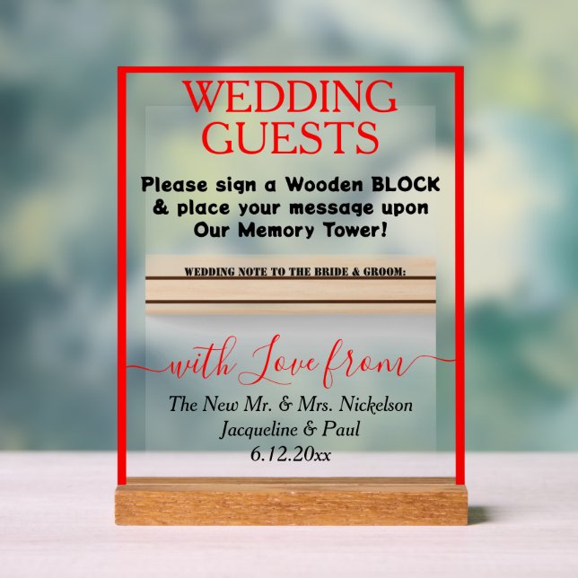 Red Wooden Guest Book Block Names  Clear Acrylic Sign (Neutral)