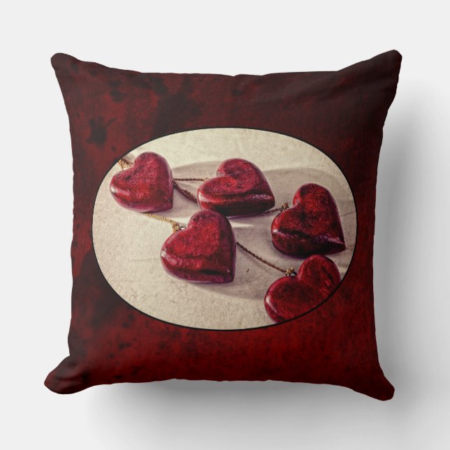 Red Wooden Hearts Tied Together on a String Cushion (Front)