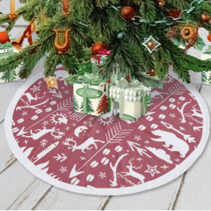Red Woodland Deer Bear Tracks Merry Christmas Fleece Tree Skirt