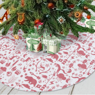 Red Woodland Fox Deer Bear Merry Christmas Fleece Tree Skirt