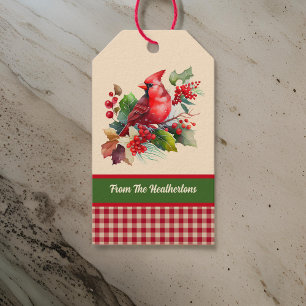 Red Woodsy Cardinal with Holly on Country Gingham Gift Tags